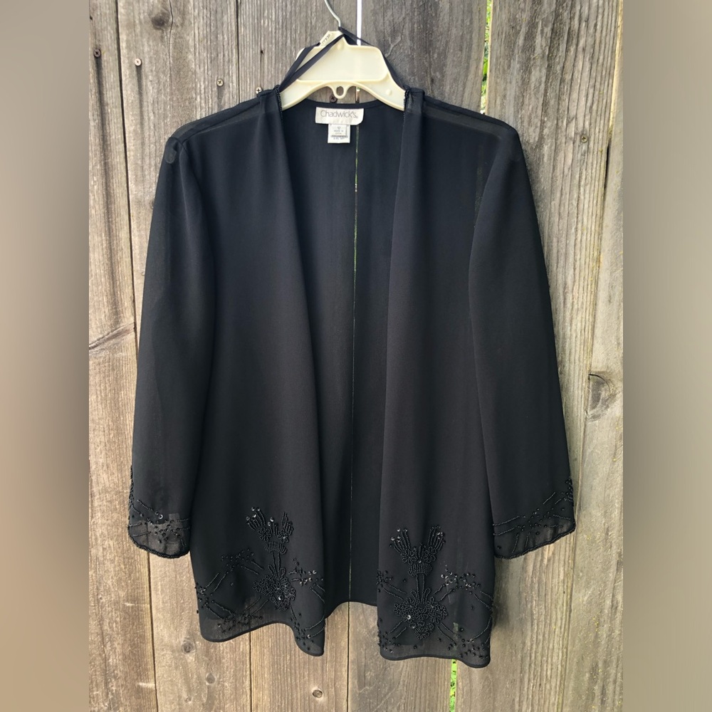 Chadwicks Sheer Beaded Open-Front Long Sleeves Evening Black Jacket Cardigan  12